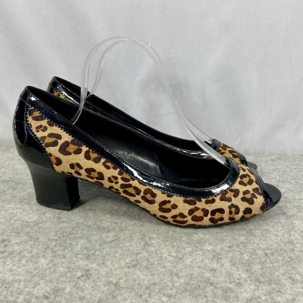 Leopard Print Peep-Toe Mid Heel Pumps - Black Trim